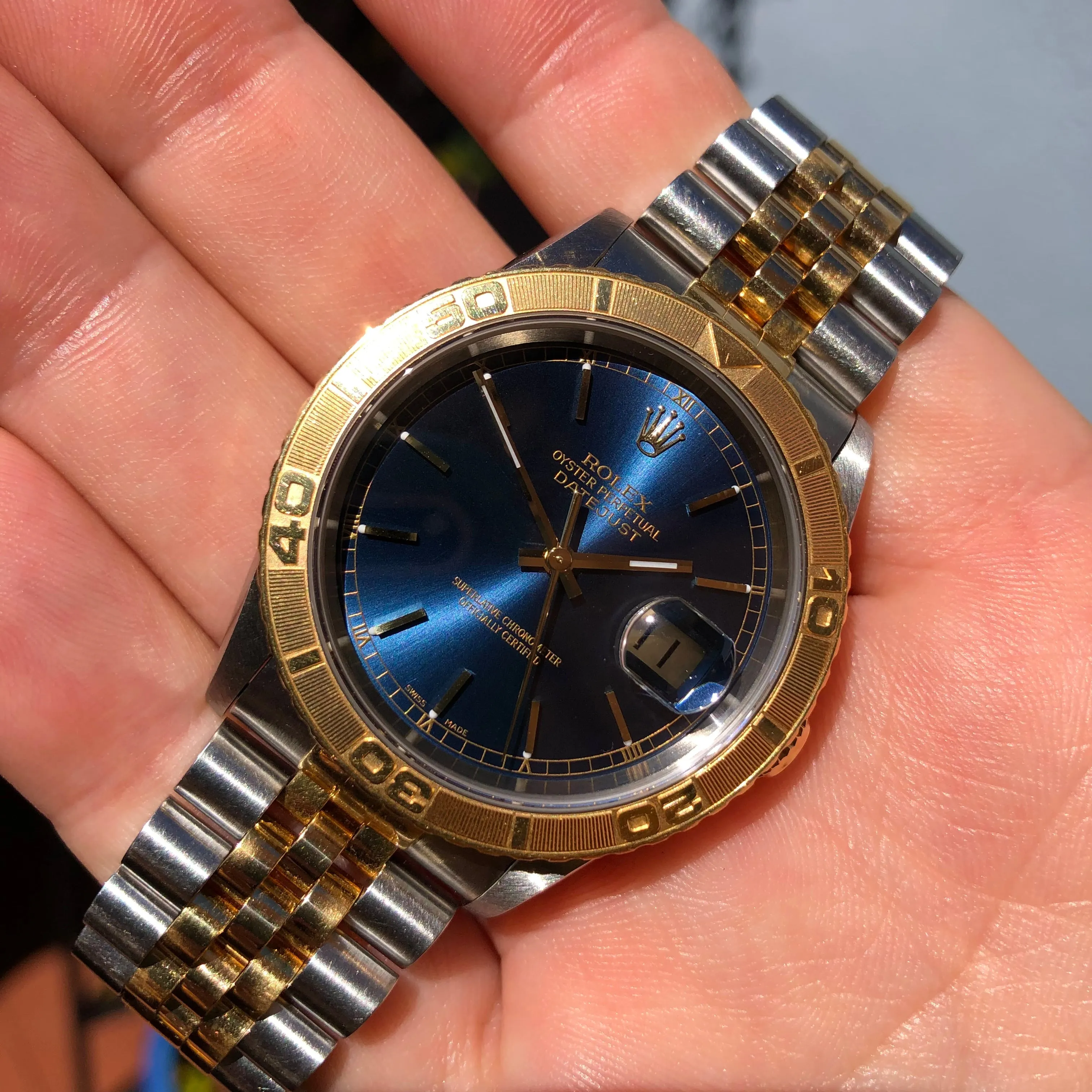 2000 Rolex Datejust Thunderbird 16263 Turn-O-Graph Blue Two Tone Jubilee Wristwatch