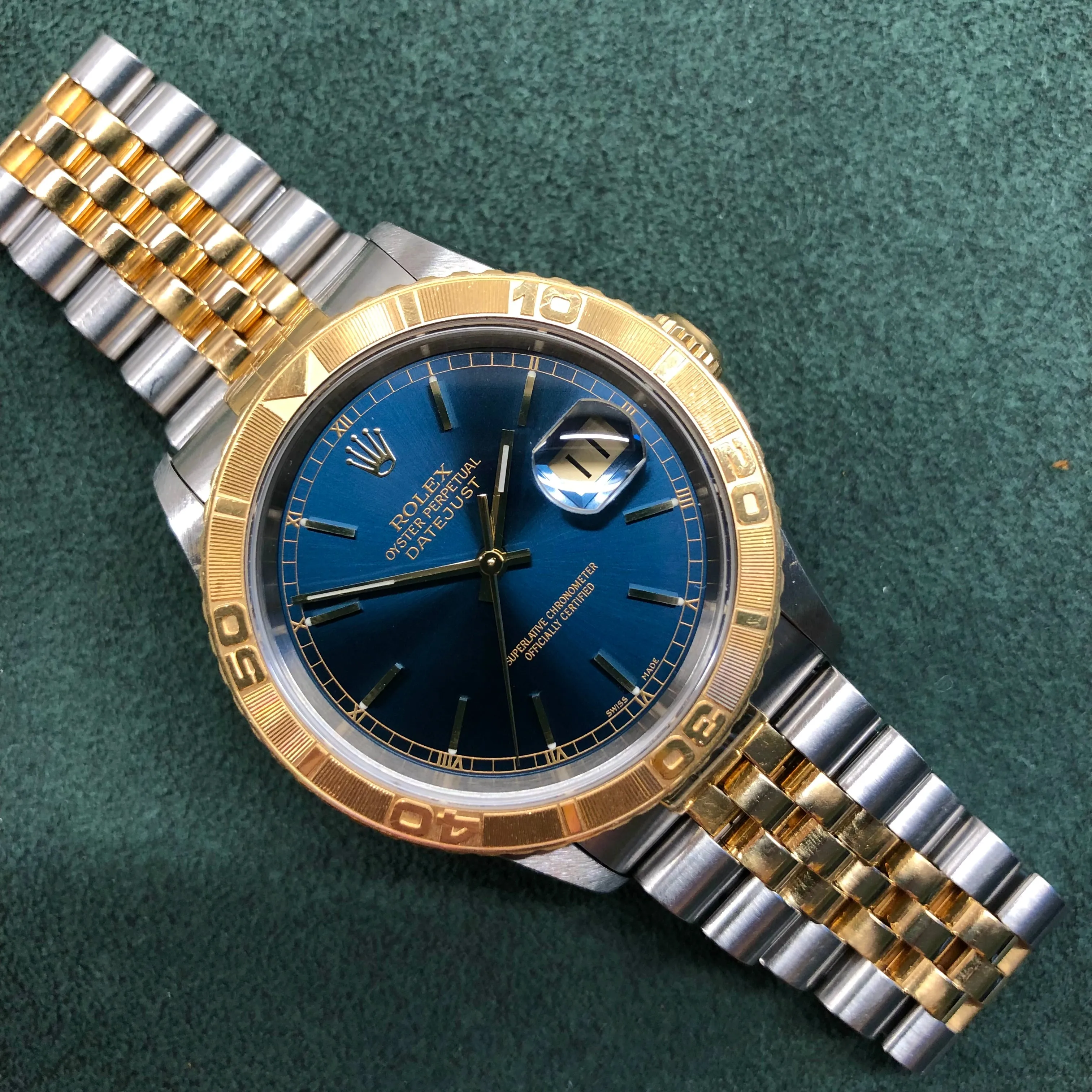 2000 Rolex Datejust Thunderbird 16263 Turn-O-Graph Blue Two Tone Jubilee Wristwatch