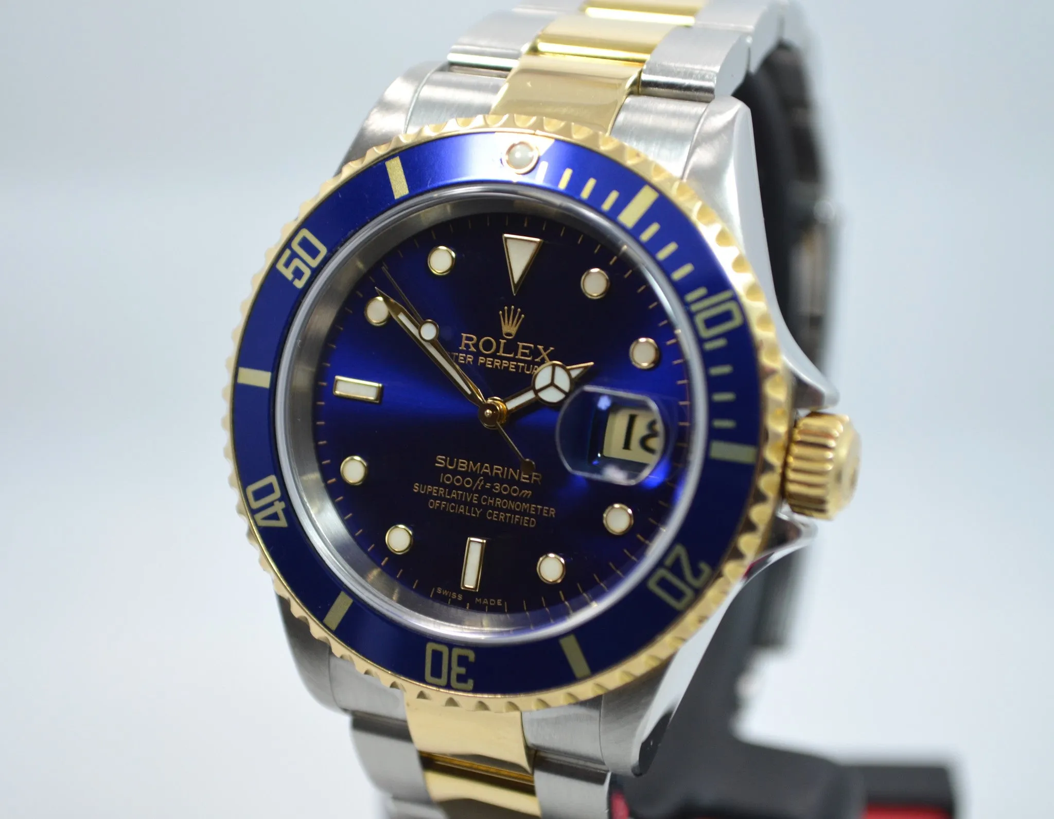 2001 Rolex Submariner 16613 T Blue Two Tone 18K Gold Steel "F" Serial Wristwatch Box Papers