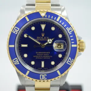 2001 Rolex Submariner 16613 T Blue Two Tone 18K Gold Steel "F" Serial Wristwatch Box Papers