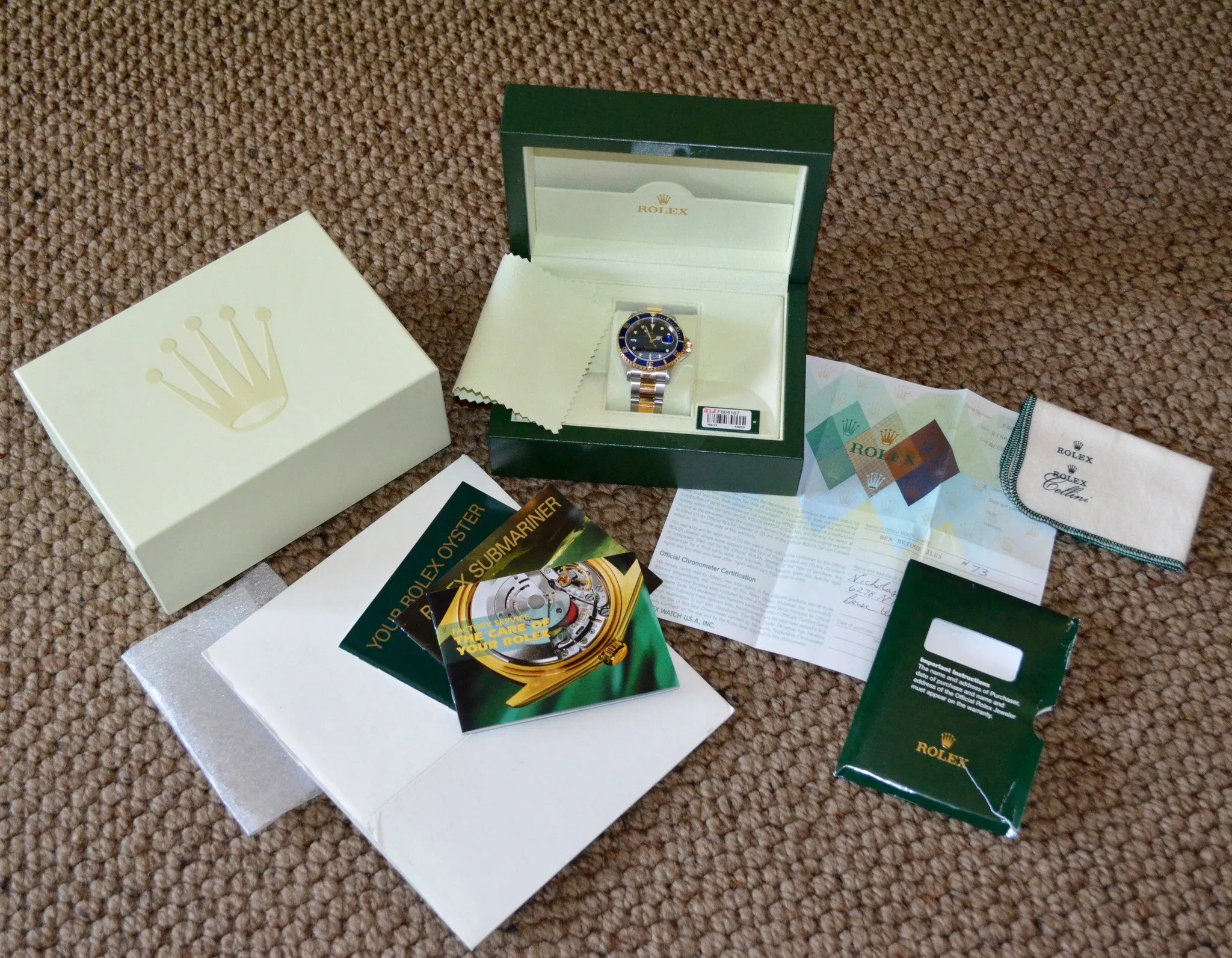 2001 Rolex Submariner 16613 T Blue Two Tone 18K Gold Steel "F" Serial Wristwatch Box Papers