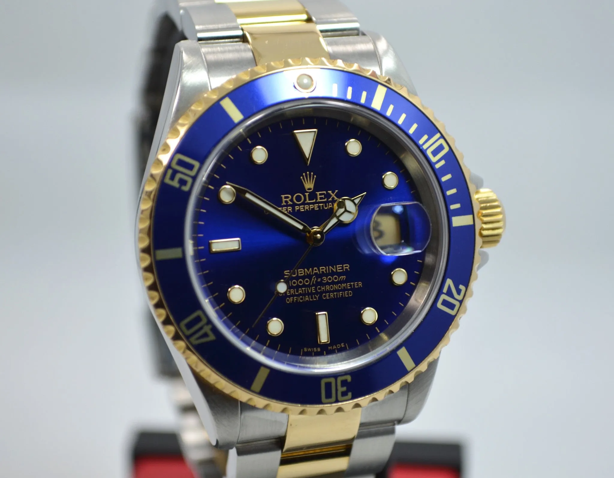 2001 Rolex Submariner 16613 T Blue Two Tone 18K Gold Steel "F" Serial Wristwatch Box Papers