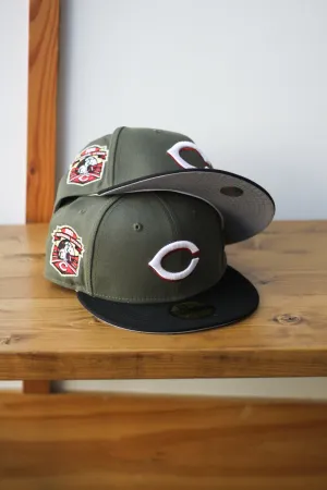 2003 CINCINNATI REDS OLIVE/BLACK FITTED W/ GREY UNDER VISOR