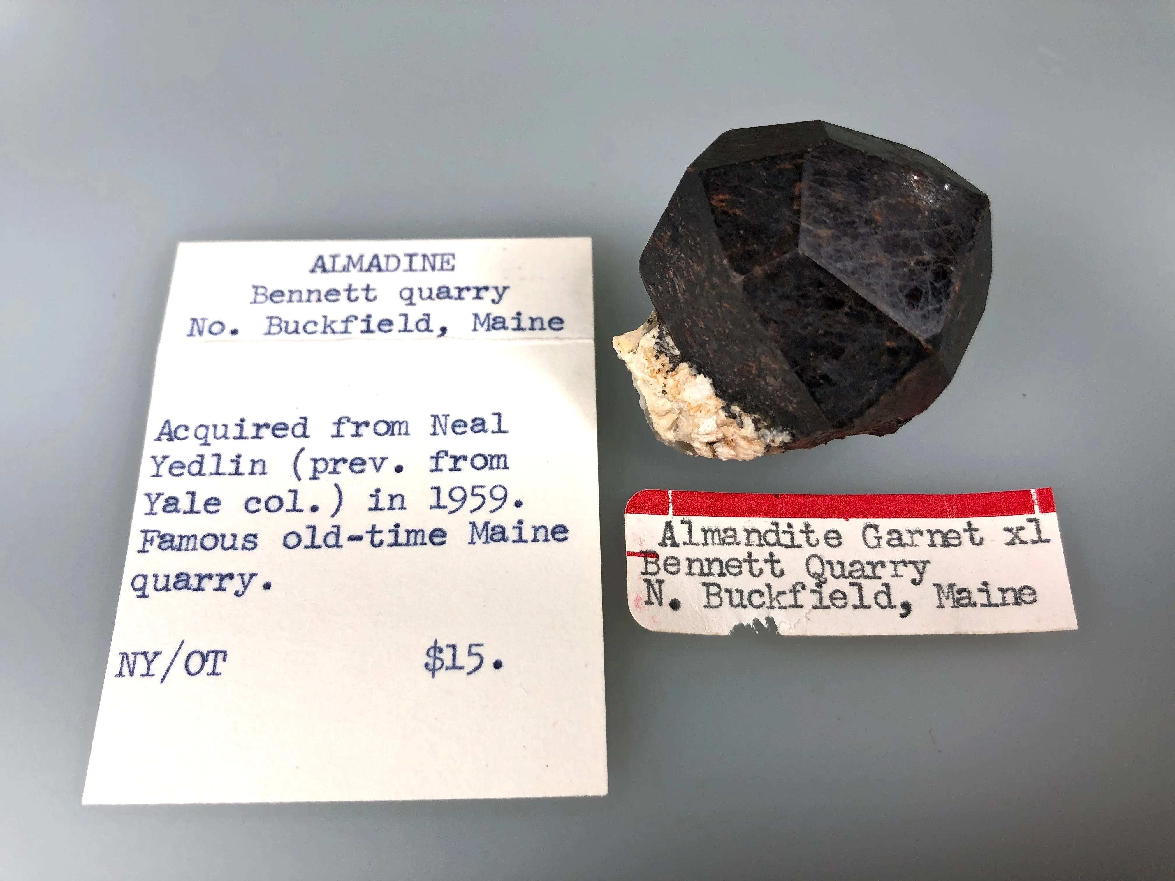 Almandine, Bennett Quarry, Buckfield, Oxford County, Maine, ex. Neal Yedlin specimen, 1959, ex. Louis Lafayette Collection, Miniature 2.0 x 3.5 x 4.0 cm, $125. Online 10/26.