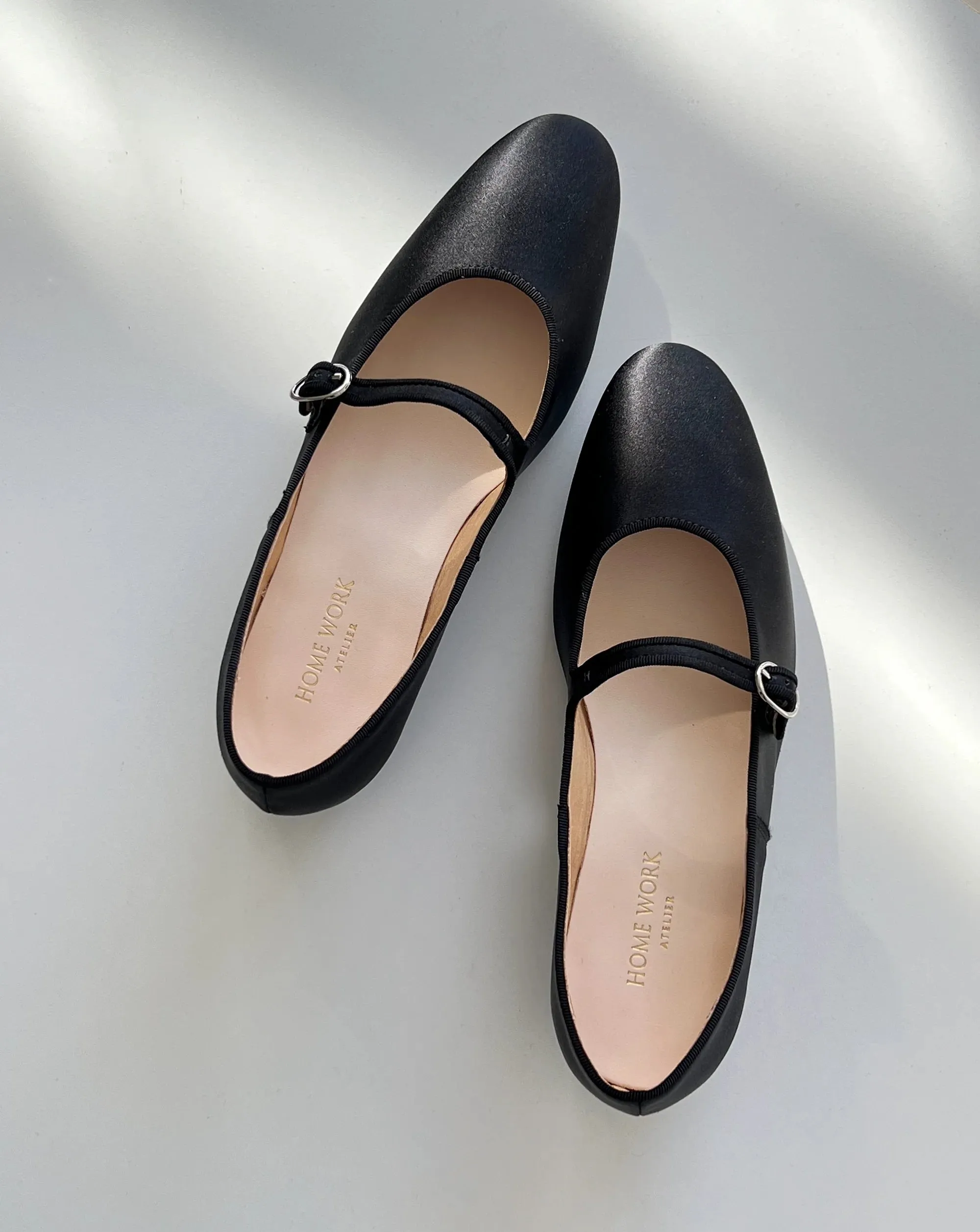Almond Head Black Silk Mary Jane Flats
