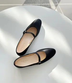 Almond Head Black Silk Mary Jane Flats