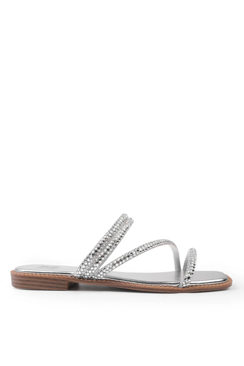 ANTONIA STRAPPY FLAT SLIDER SANDALS WITH DIAMANTE DETAIL IN SILVER FAUX LEATHER