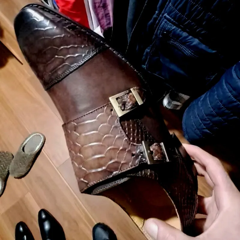 Calf Leather Comfortable Monk Strap Classic Crocodile Pattern Formal Shoes