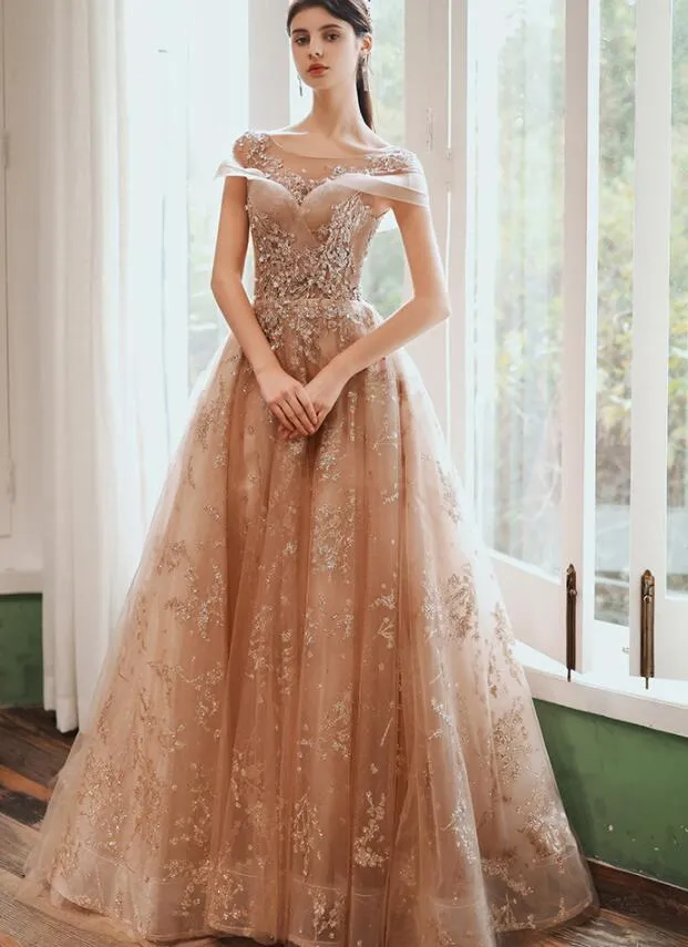 Champagne Cap Sleeves Tulle Long Party Dress, New Style Long Prom Dress Party Dress