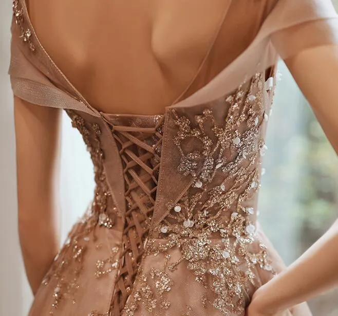 Champagne Cap Sleeves Tulle Long Party Dress, New Style Long Prom Dress Party Dress