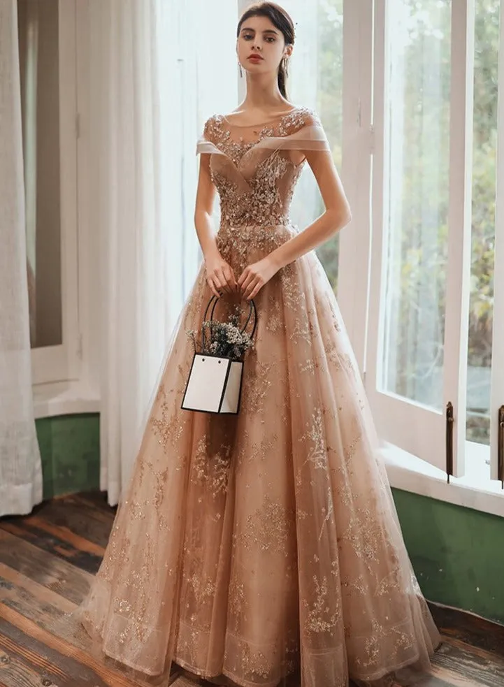 Champagne Cap Sleeves Tulle Long Party Dress, New Style Long Prom Dress Party Dress