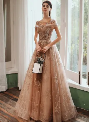 Champagne Cap Sleeves Tulle Long Party Dress, New Style Long Prom Dress Party Dress
