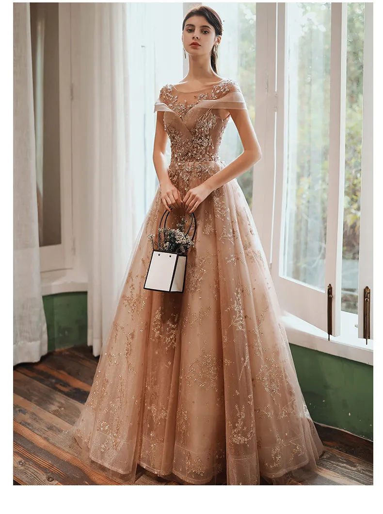 Champagne Cap Sleeves Tulle Long Party Dress, New Style Long Prom Dress Party Dress