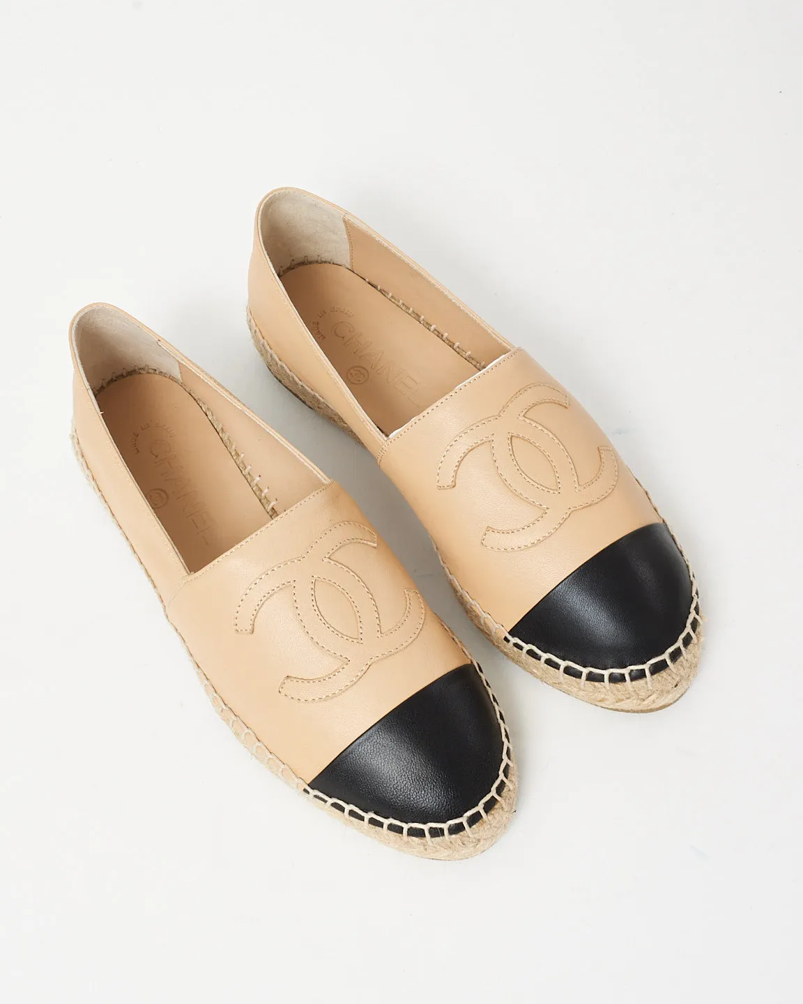 Chanel Beige Leather CC Logo Espadrilles - 38