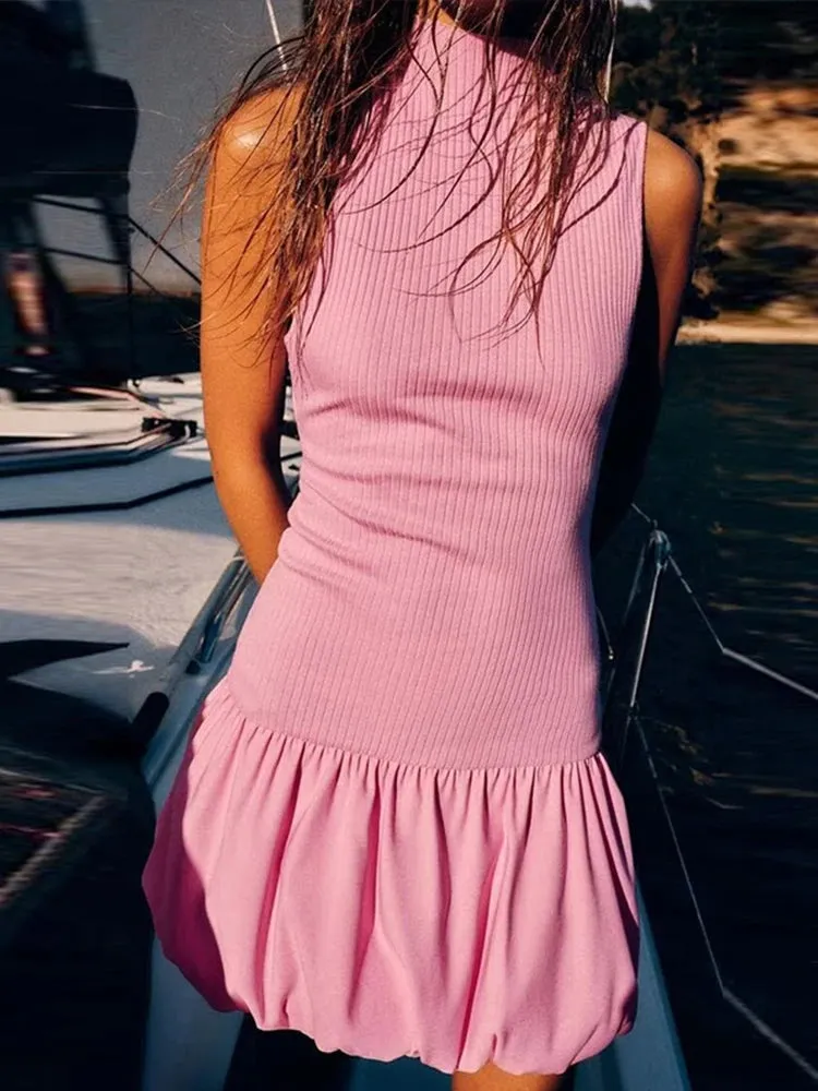 Chic O-Neck Backless Knit Pleated Mini Dress for Women