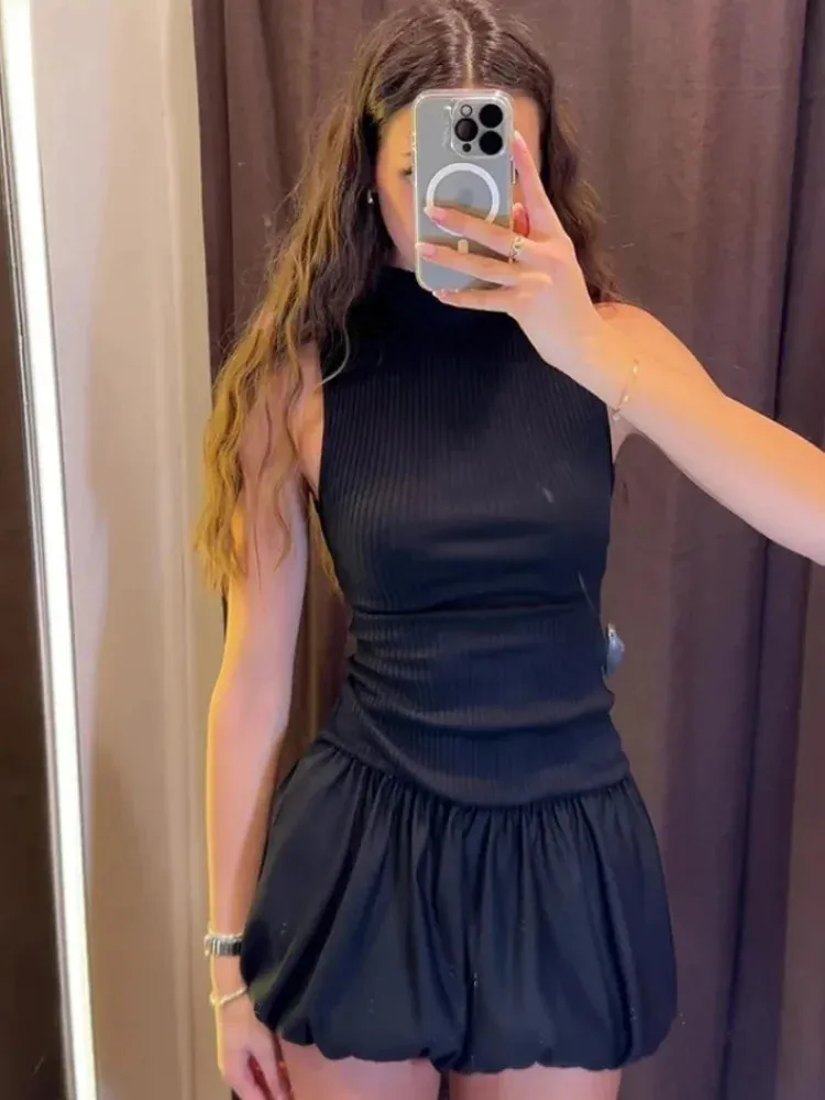 Chic O-Neck Backless Knit Pleated Mini Dress for Women