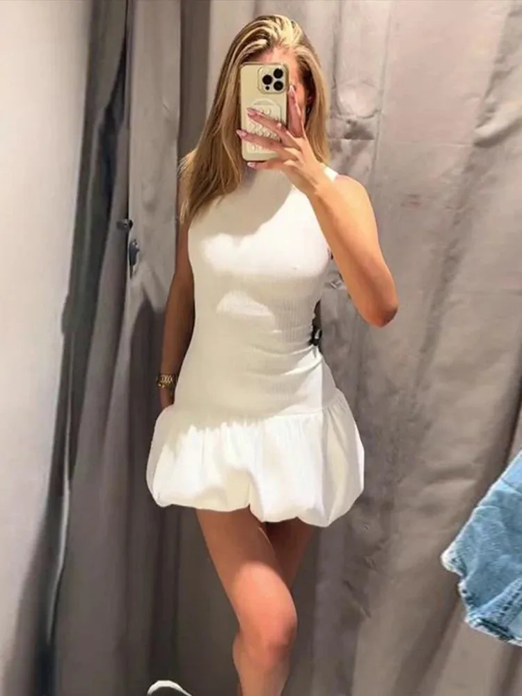 Chic O-Neck Backless Knit Pleated Mini Dress for Women