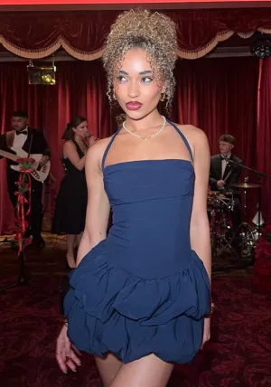 Chic Strapless Puffy Mini Dress with Halter Neck for a Playful Yet Elegant Look