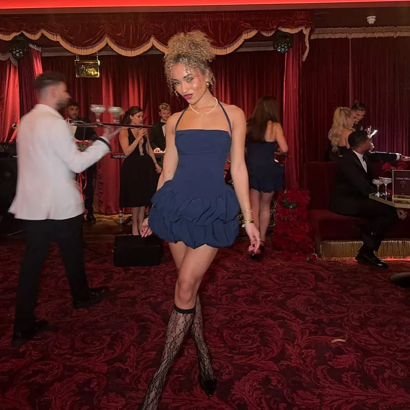 Chic Strapless Puffy Mini Dress with Halter Neck for a Playful Yet Elegant Look