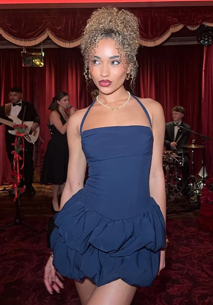 Chic Strapless Puffy Mini Dress with Halter Neck for a Playful Yet Elegant Look