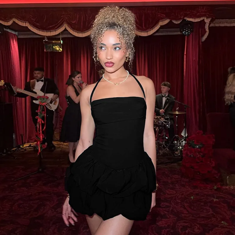 Chic Strapless Puffy Mini Dress with Halter Neck for a Playful Yet Elegant Look