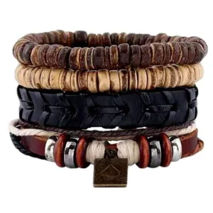 Coconut Shell Ace of Spades Multilayer Leather, Bead and Hemp Boho Hippie Bracelet Set