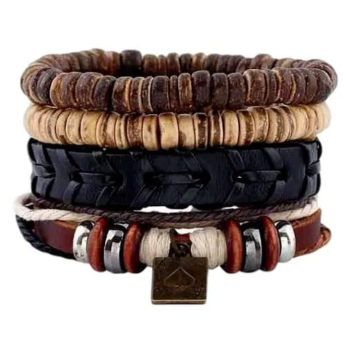 Coconut Shell Ace of Spades Multilayer Leather, Bead and Hemp Boho Hippie Bracelet Set