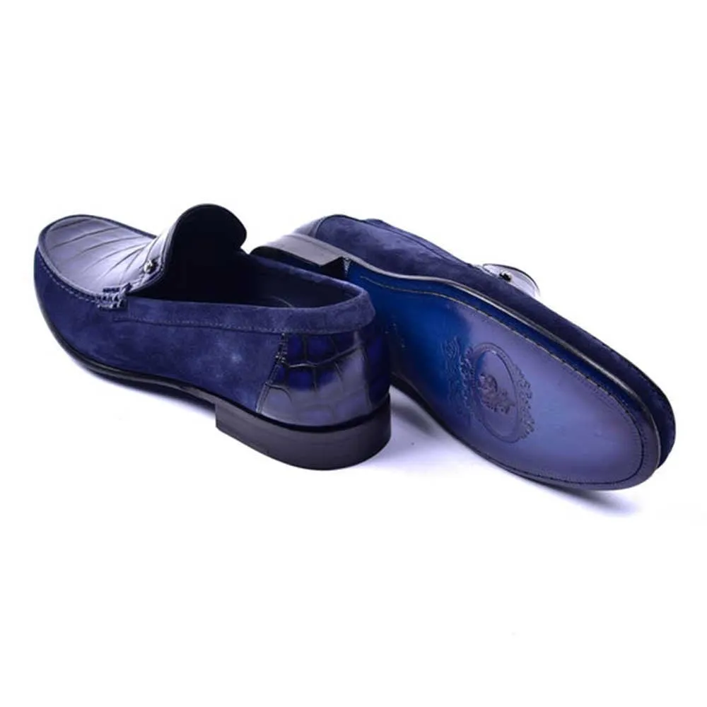 Corrente Jon Navy Blue Crocodile Print Leather & Suede Loafer for men
