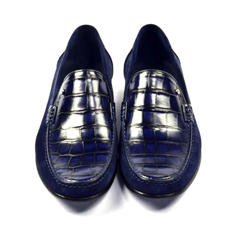 Corrente Jon Navy Blue Crocodile Print Leather & Suede Loafer for men