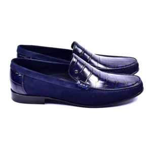 Corrente Jon Navy Blue Crocodile Print Leather & Suede Loafer for men