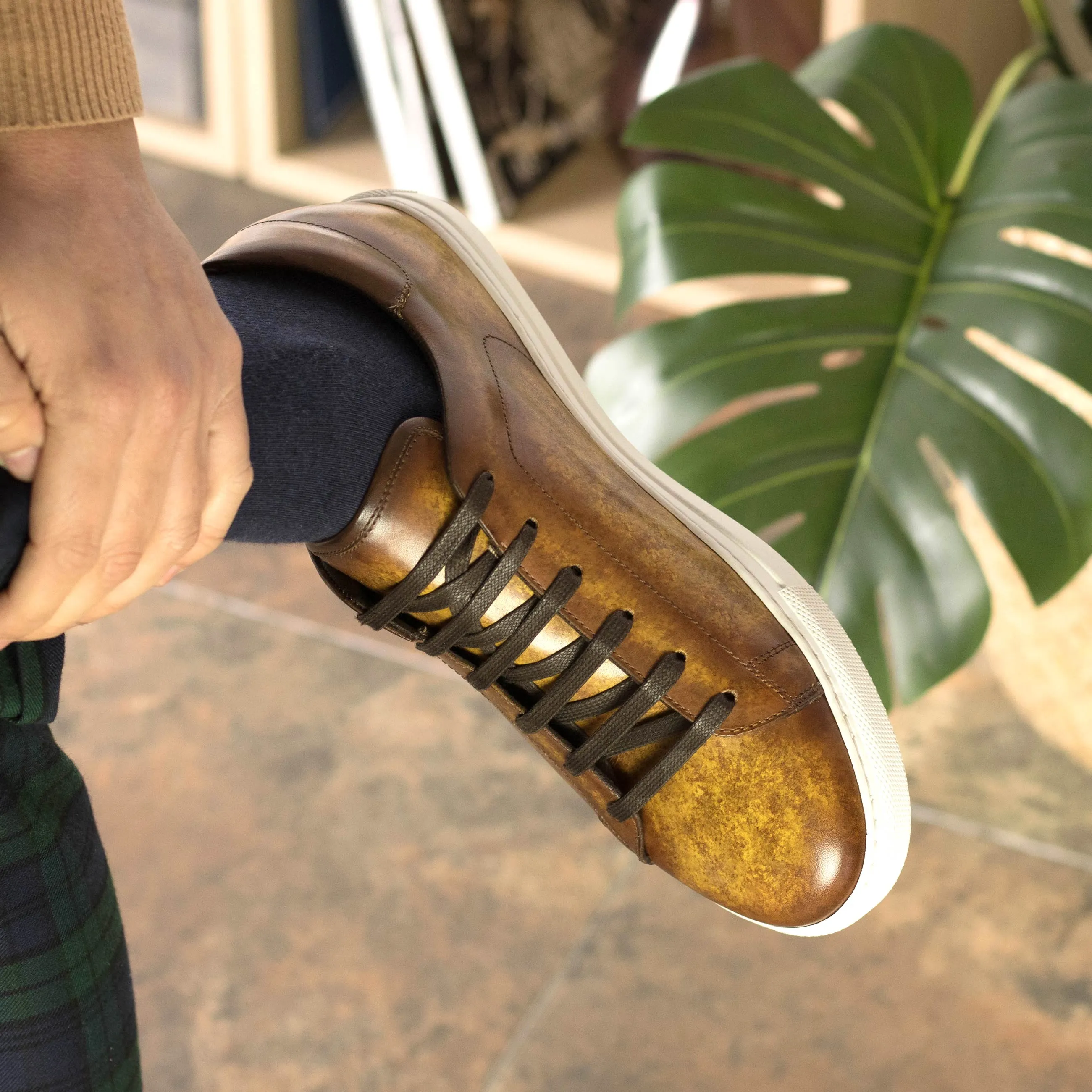 DapperFam Rivale in Cognac Men's Hand-Painted Patina Trainer