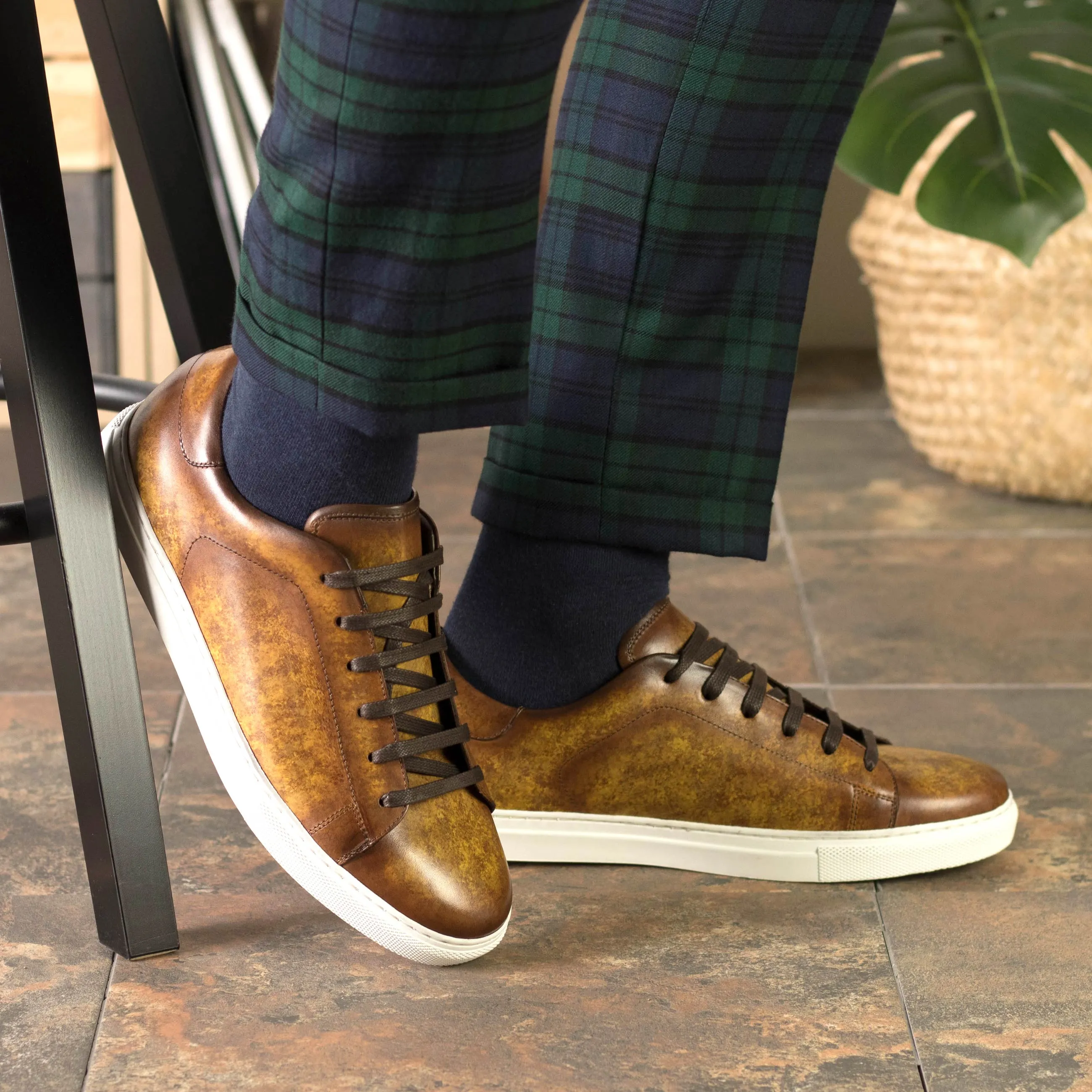 DapperFam Rivale in Cognac Men's Hand-Painted Patina Trainer