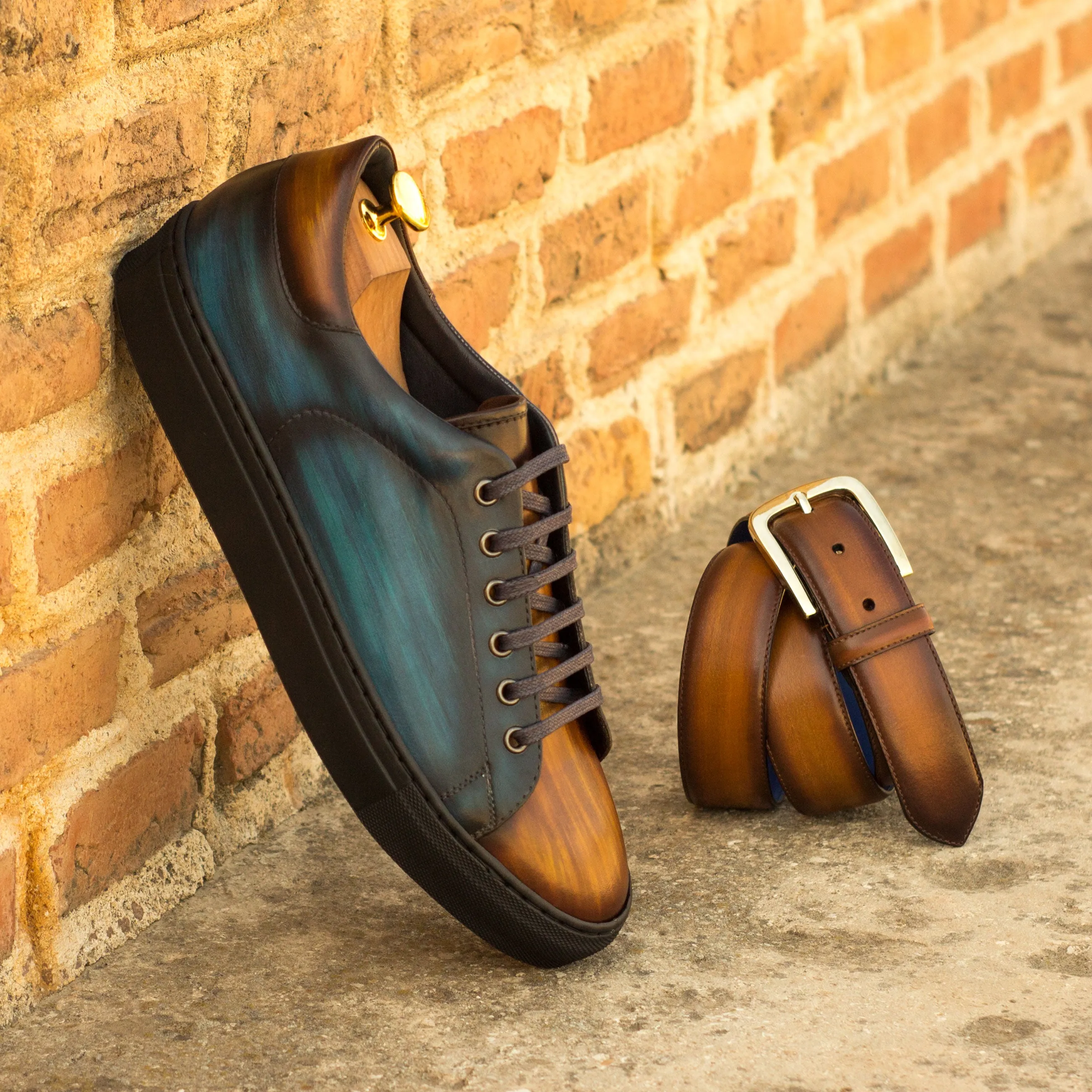 DapperFam Rivale in Navy Brown Men's Hand-Painted Italian Leather Trainer