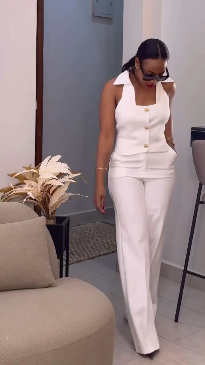 Elegant Collared Button-Up Vest and Wide-Leg Pants Two-Piece Set
