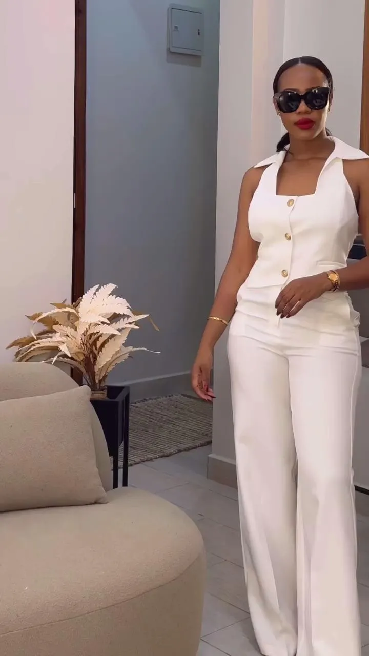 Elegant Collared Button-Up Vest and Wide-Leg Pants Two-Piece Set