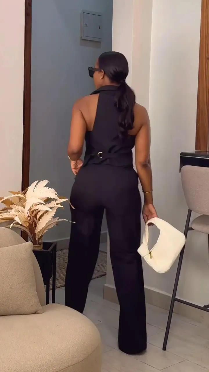 Elegant Collared Button-Up Vest and Wide-Leg Pants Two-Piece Set