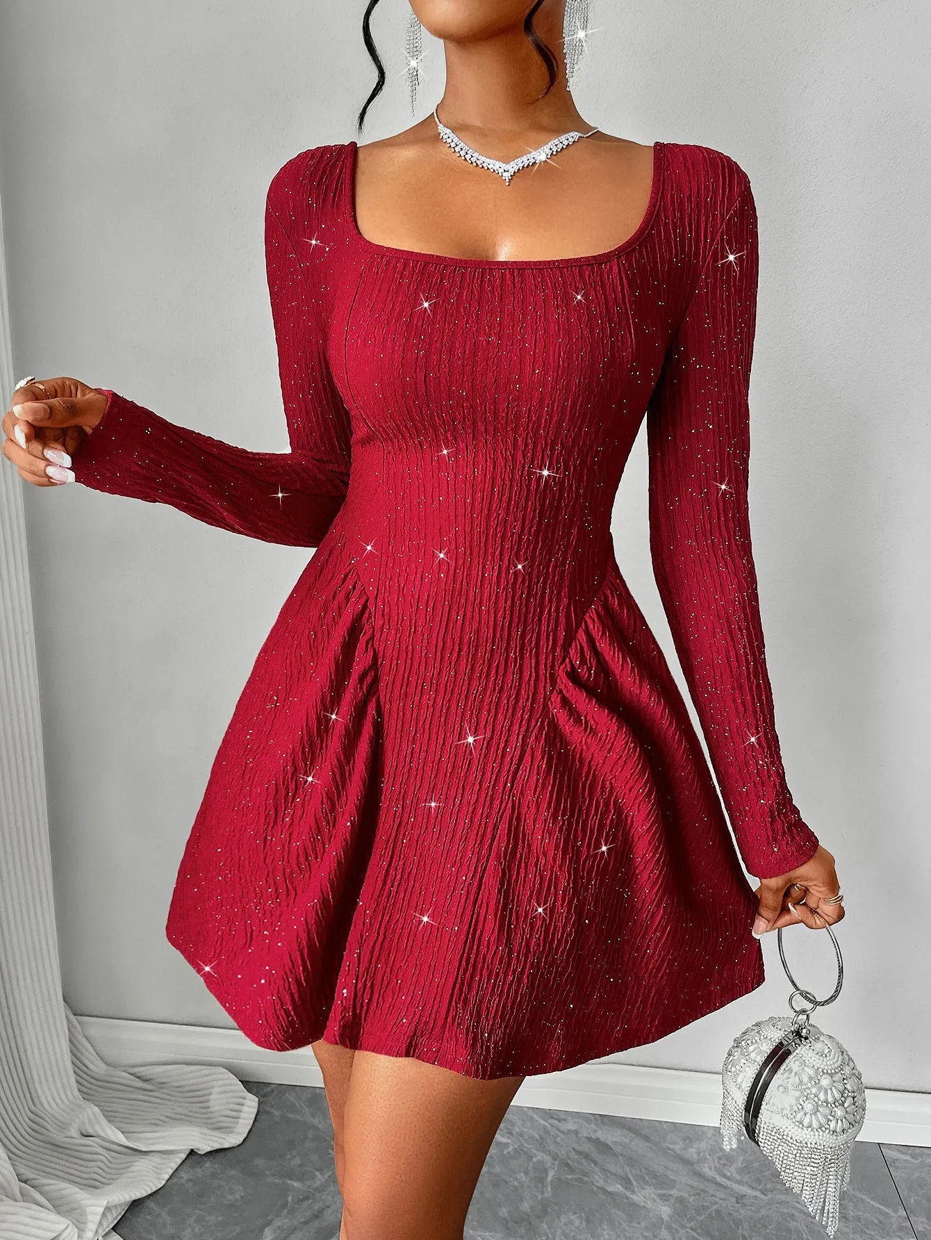 Elegant Solid Long-Sleeved Square-Neck Dress for Timeless Style