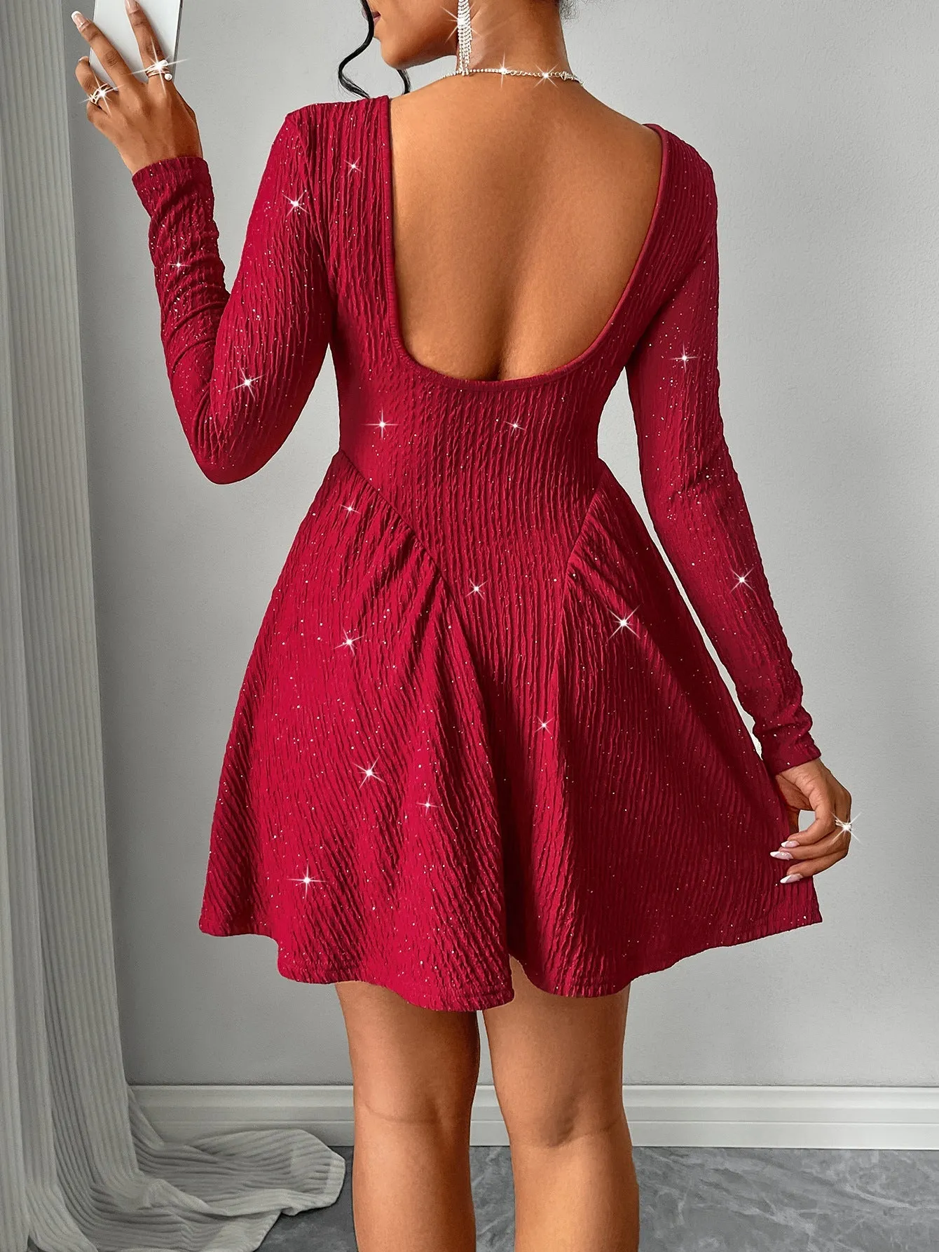 Elegant Solid Long-Sleeved Square-Neck Dress for Timeless Style