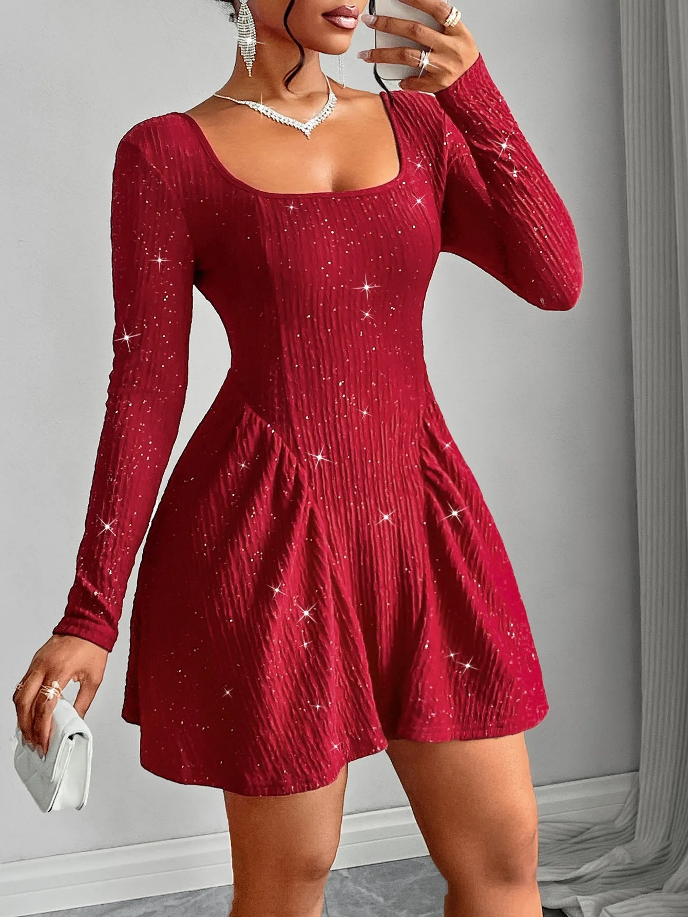 Elegant Solid Long-Sleeved Square-Neck Dress for Timeless Style