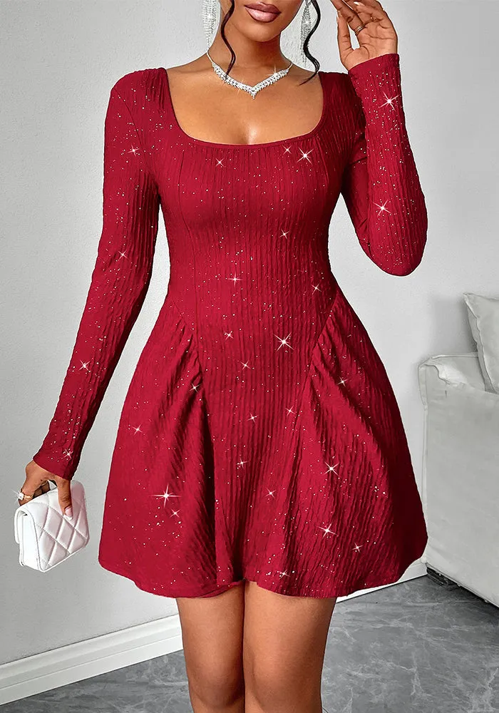 Elegant Solid Long-Sleeved Square-Neck Dress for Timeless Style