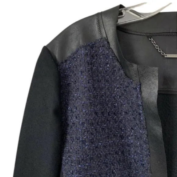 Elie Tahari Cobalt Blue Boucle Tweed Wool &amp; Black Leather Crop Open Jacket Sz XL