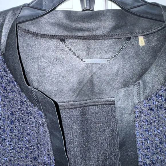 Elie Tahari Cobalt Blue Boucle Tweed Wool &amp; Black Leather Crop Open Jacket Sz XL