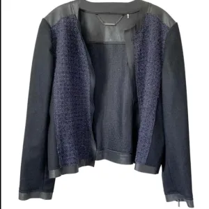 Elie Tahari Cobalt Blue Boucle Tweed Wool &amp; Black Leather Crop Open Jacket Sz XL