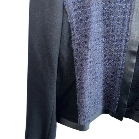 Elie Tahari Cobalt Blue Boucle Tweed Wool &amp; Black Leather Crop Open Jacket Sz XL
