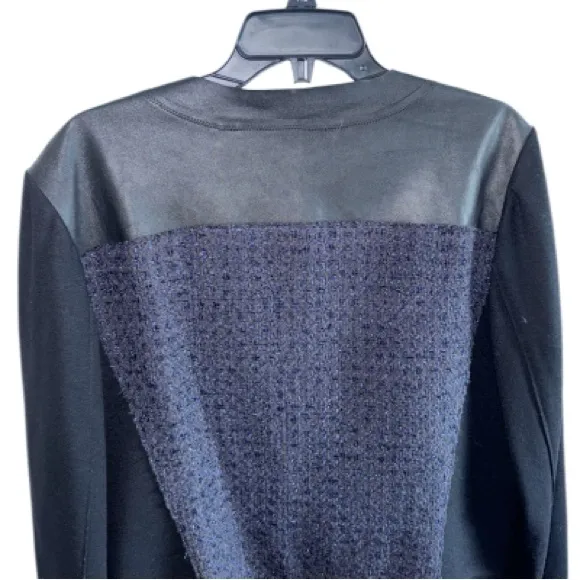 Elie Tahari Cobalt Blue Boucle Tweed Wool &amp; Black Leather Crop Open Jacket Sz XL