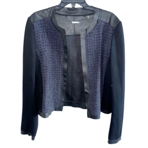 Elie Tahari Cobalt Blue Boucle Tweed Wool &amp; Black Leather Crop Open Jacket Sz XL
