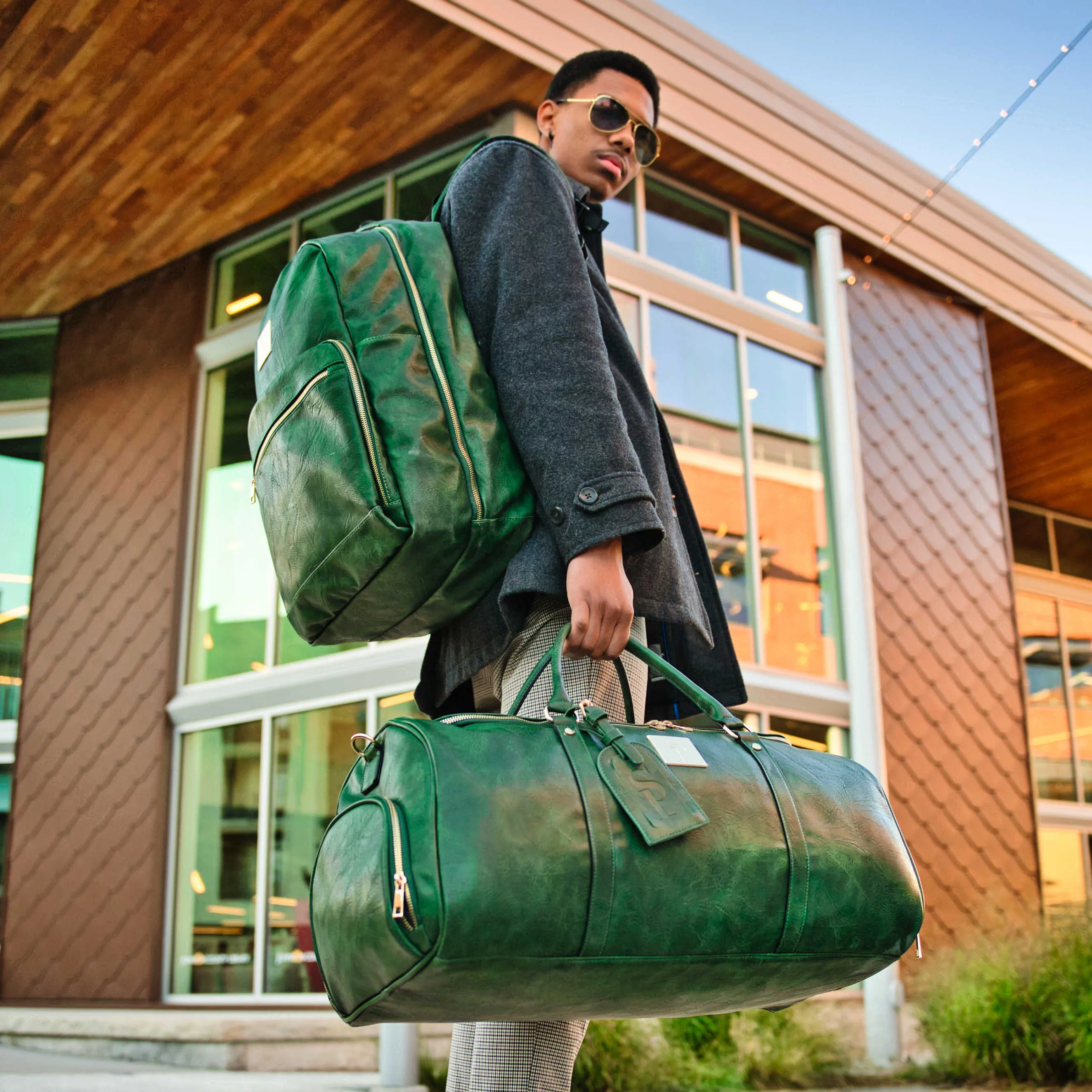 Emerald Green Leather 2 Bag Set (Commuter Backpack and Duffle)