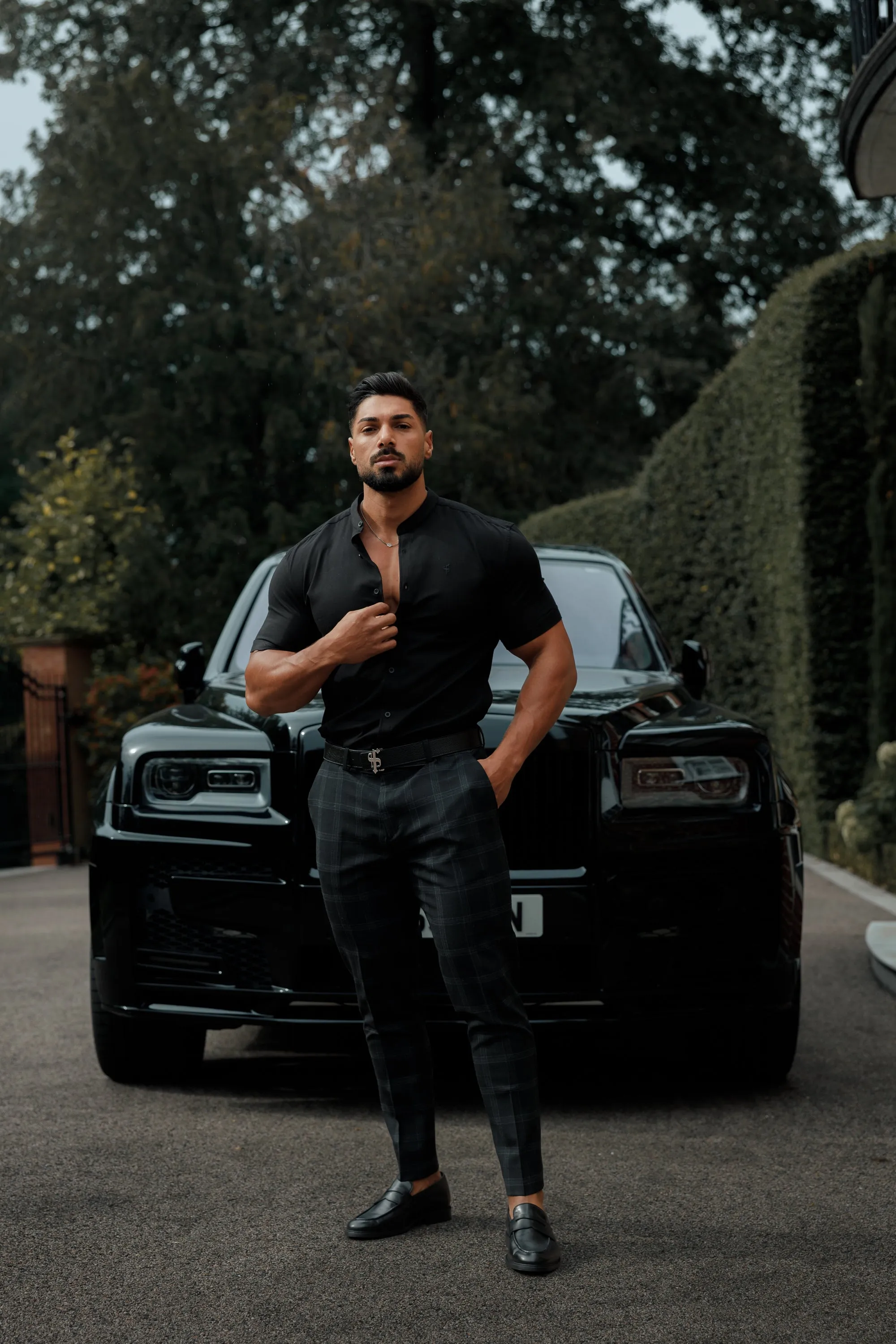 Father Sons Super Slim Oxford Stretch Classic All Black Grandad Collar Short Sleeve - FS582