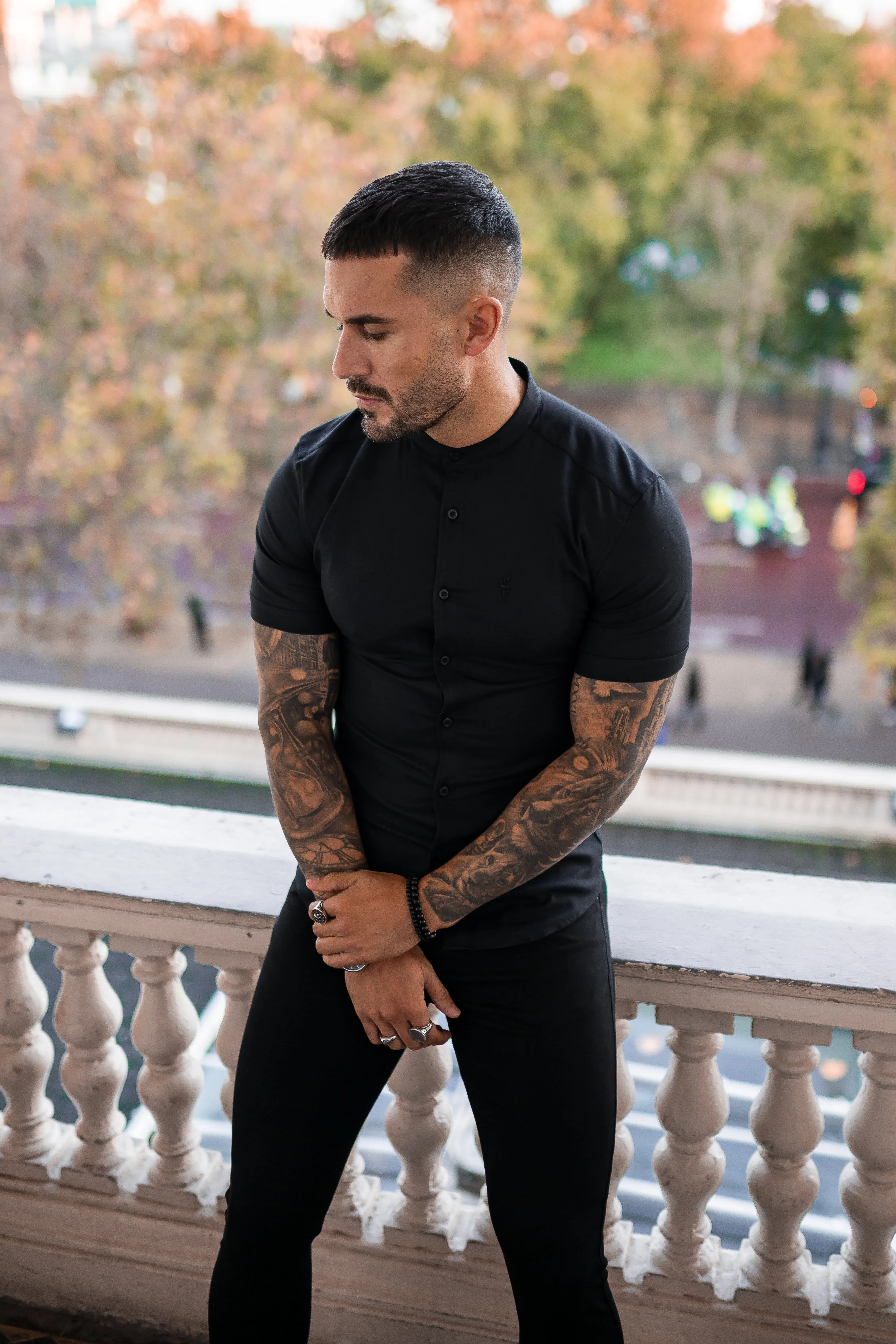 Father Sons Super Slim Oxford Stretch Classic All Black Grandad Collar Short Sleeve - FS582