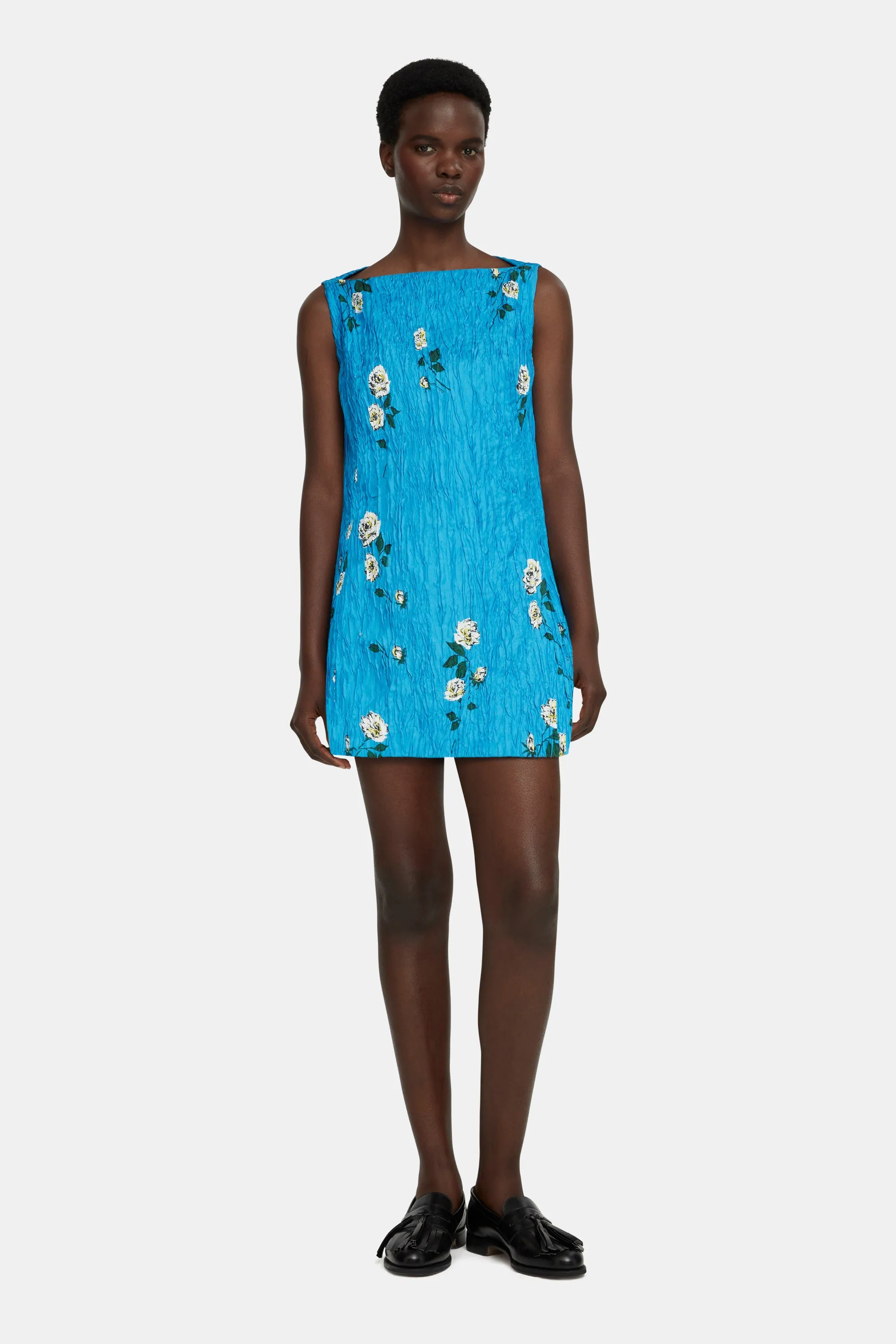 Fifer Mini Dress in Electric Blue Floral Printed Twill